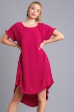 Umgee Ruby High Low Linen Blend Dress with Frayed Details