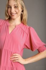 Umgee Solid Color A-Line Tiered Midi Dress with Piping Details in Rose Pink - Image 4