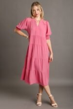 Umgee Solid Color A-Line Tiered Midi Dress with Piping Details in Rose Pink