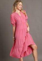 Umgee Solid Color A-Line Tiered Midi Dress with Piping Details in Rose Pink - Image 2