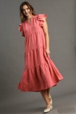 Umgee Split Neck A-Line Tiered Midi Dress in Coral Pink