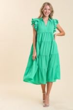 Umgee Tiered Midi Dress with Ruffled Sleeves in Jade Green - Image 2