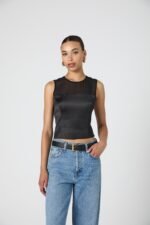 Sheer Panel Satin Sleeveless Top - Image 3