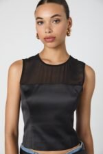 Sheer Panel Satin Sleeveless Top - Image 4